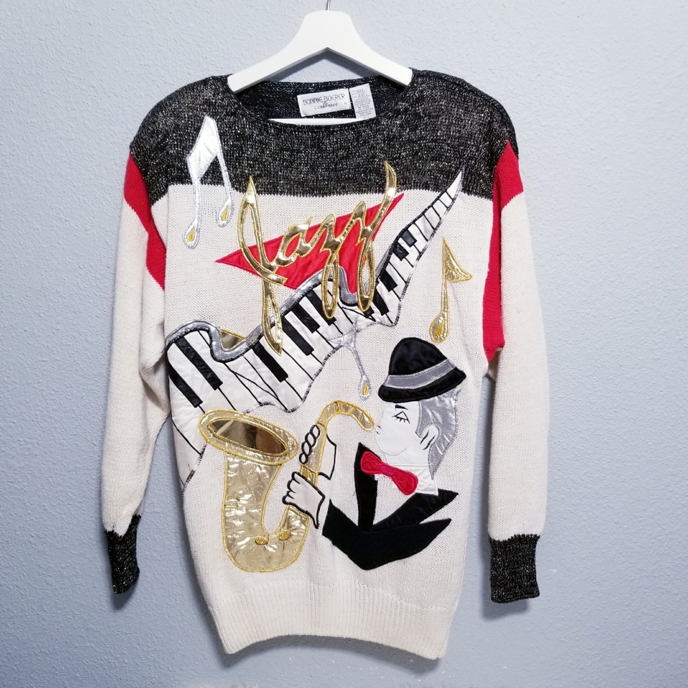 Vintage retro 80's glam JAZZ piano music party gold sweater SMALL - Picture 3 of 10